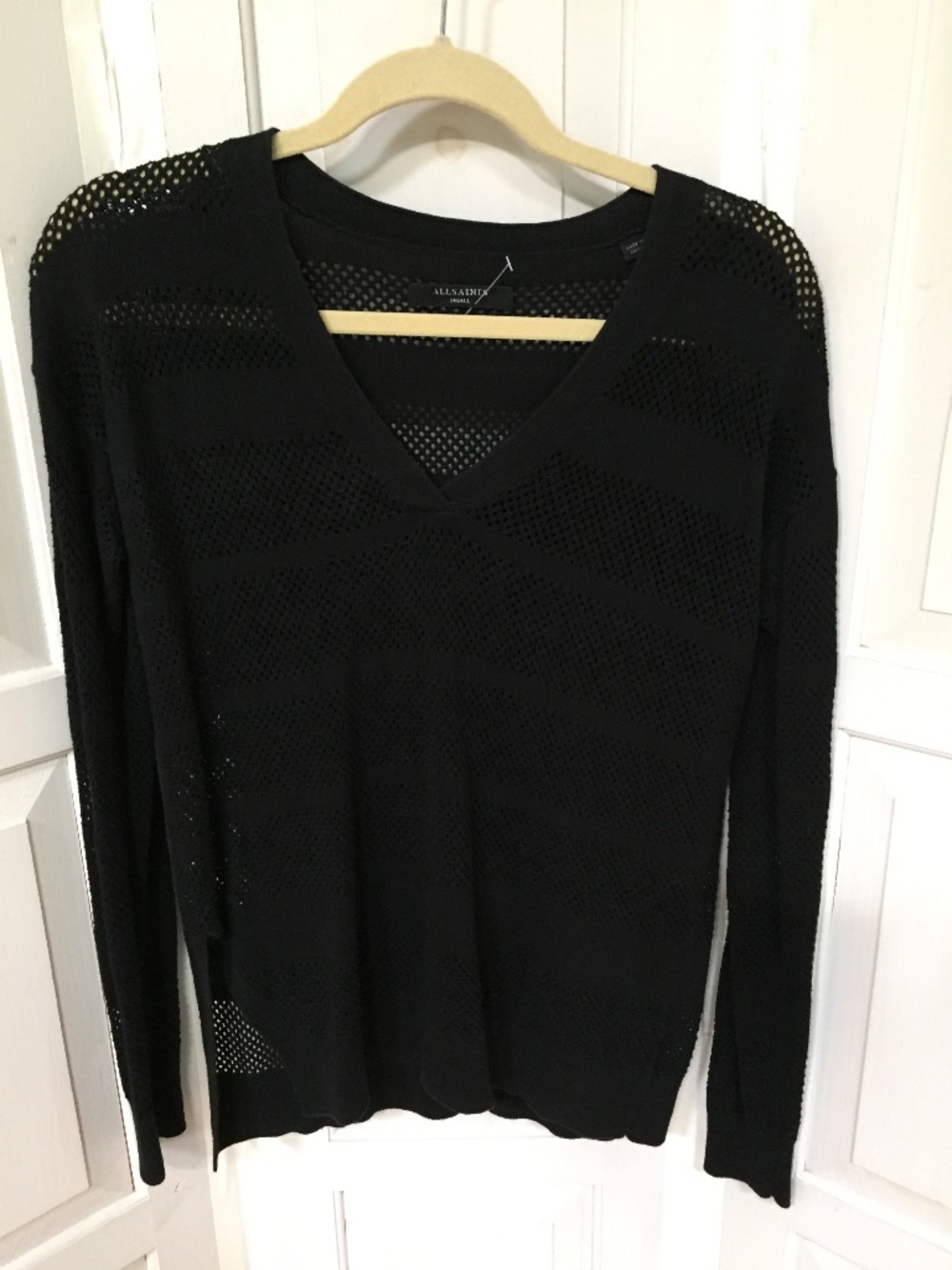 All Saints Black V-Neck Open-Knit Sweater